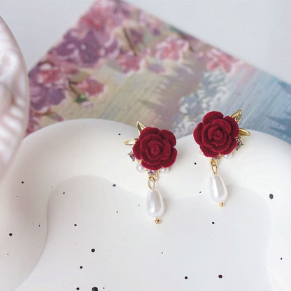 Earring Faux Clip Drop Pearl / Rose On