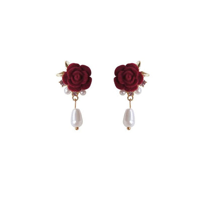 Earring Faux Clip Drop Pearl / Rose On
