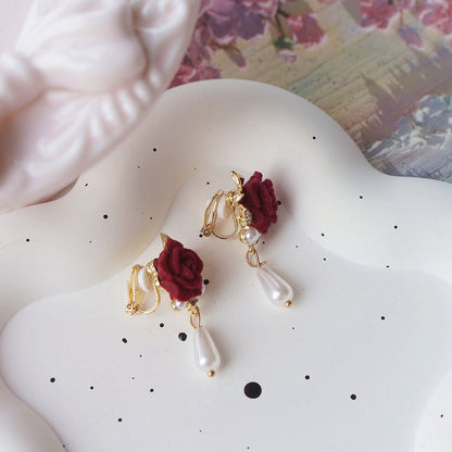 Earring Faux Clip Drop Pearl / Rose On