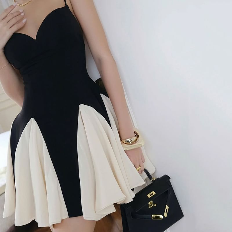 Two Tone Mini A-Line Dress V-Neck Thin Straps