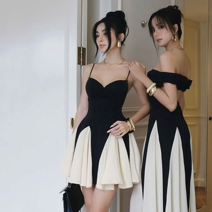 Two Tone Mini A-Line Dress V-Neck Thin Straps