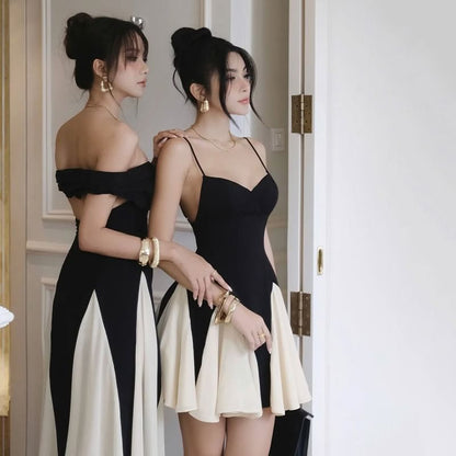Two Tone Mini A-Line Dress V-Neck Thin Straps