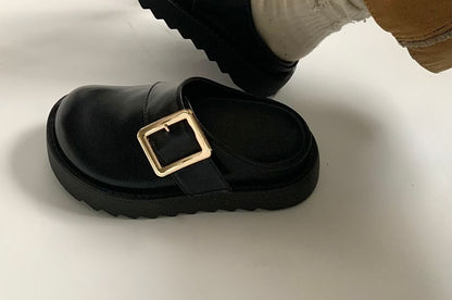 Platform Plain Buckled Faux Leather Mules