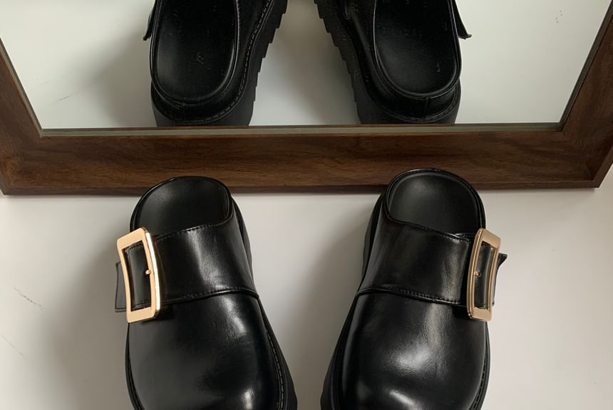 Platform Plain Buckled Faux Leather Mules