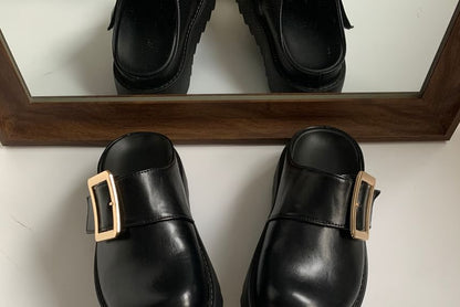 Platform Plain Buckled Faux Leather Mules