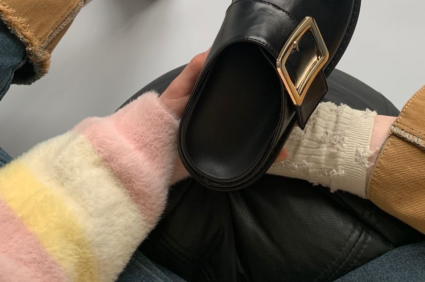 Platform Plain Buckled Faux Leather Mules
