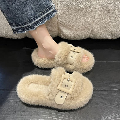 Platform Plain Fluffy Buckled Slide Sandals