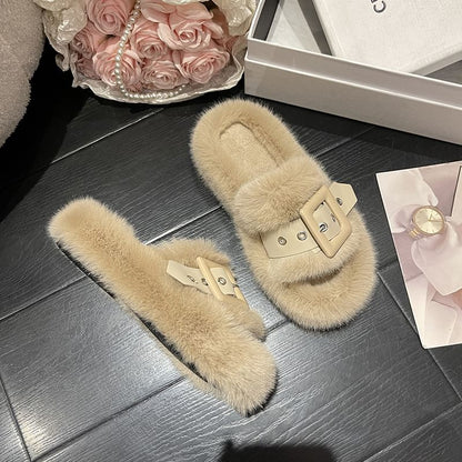 Platform Plain Fluffy Buckled Slide Sandals