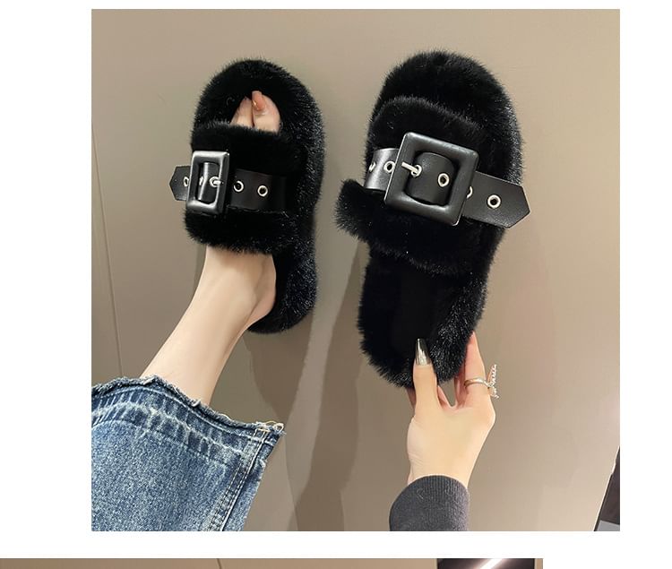 Platform Plain Fluffy Buckled Slide Sandals