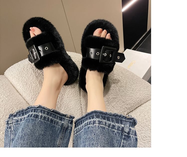 Platform Plain Fluffy Buckled Slide Sandals