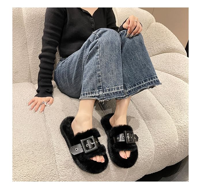 Platform Plain Fluffy Buckled Slide Sandals