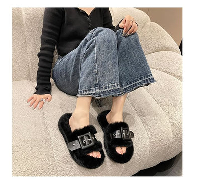 Platform Plain Fluffy Buckled Slide Sandals