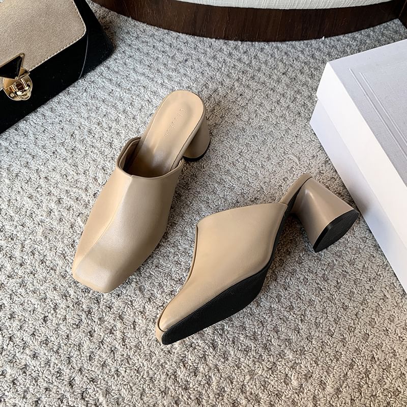 Chunky Heel Square Toe Plain Faux Leather Mules