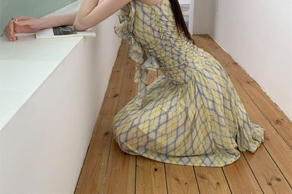 Argyle Ruffle Trim A-Line Sundress Maxi