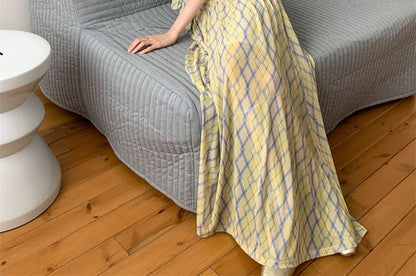 Argyle Ruffle Trim A-Line Sundress Maxi