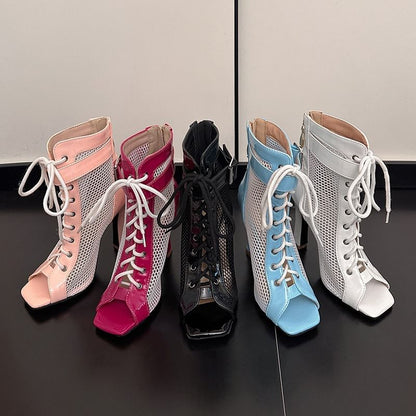 Panel Mesh Buckled Lace Up High Heel Sandal Boots