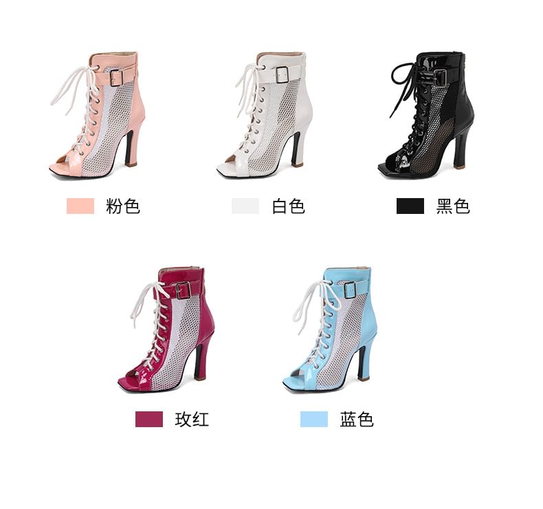Panel Mesh Buckled Lace Up High Heel Sandal Boots