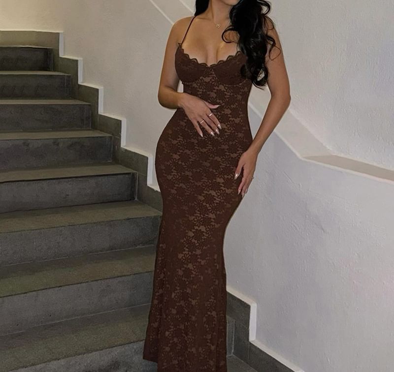 V-Neck Open Back Lace Mermaid Maxi Dress