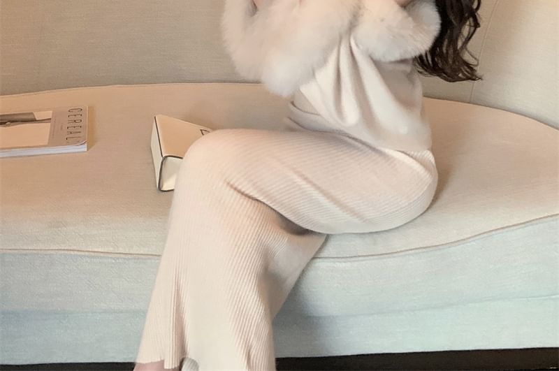 Ribbed Midi Sheath Dress & Fluffy Open Front Jacket