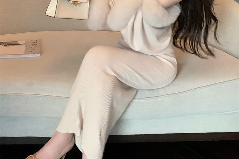 Ribbed Midi Sheath Dress & Fluffy Open Front Jacket