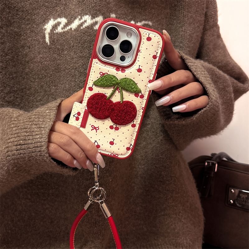 Case Embroidered Phone Set Strap Cherry /