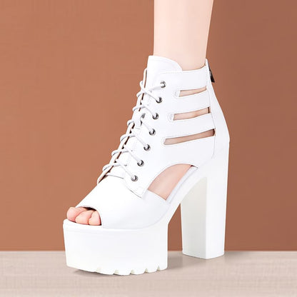 Lace-Up Cutout Platform Chunky Heel Sandals