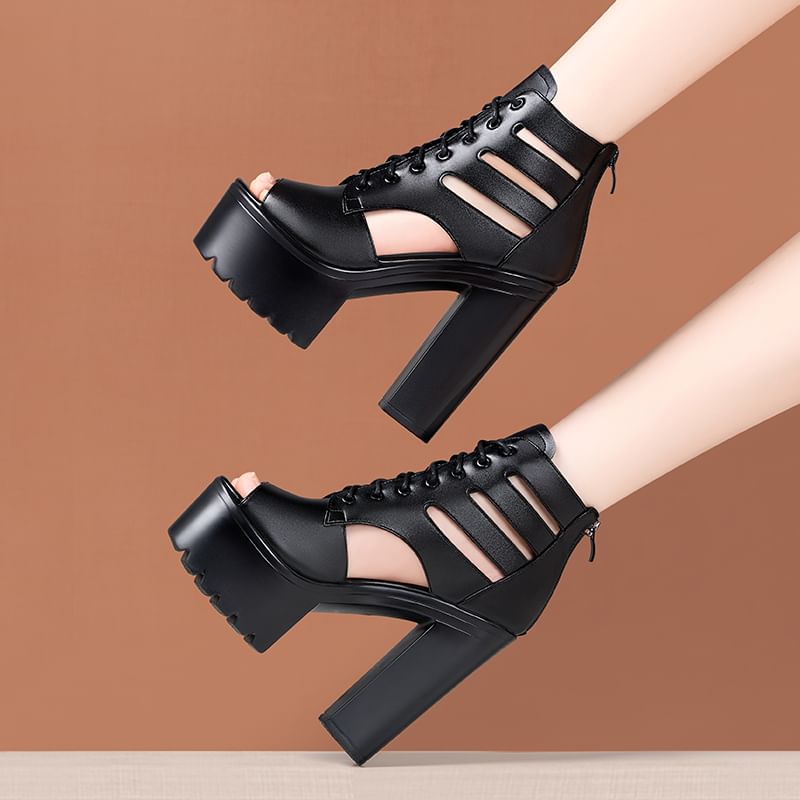 Lace-Up Cutout Platform Chunky Heel Sandals