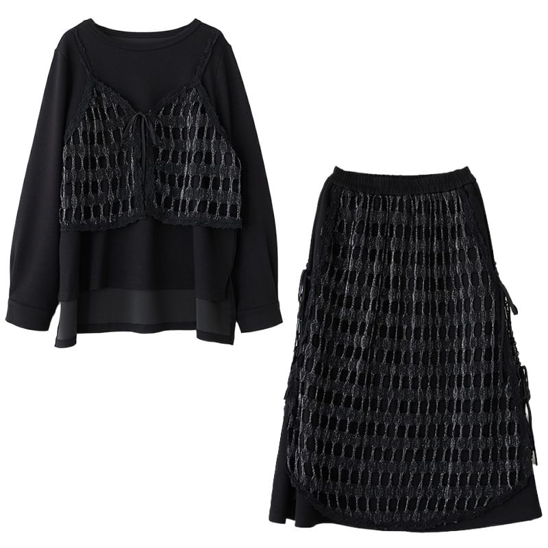 Mesh Panel Top & Midi A-Line Skirt Set
