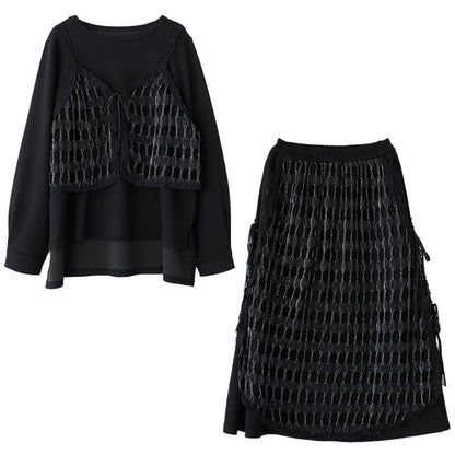 Mesh Panel Top & Midi A-Line Skirt Set