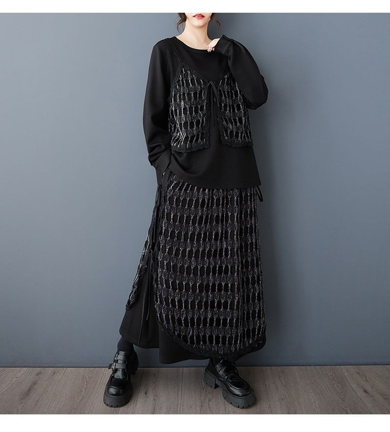 Mesh Panel Top & Midi A-Line Skirt Set