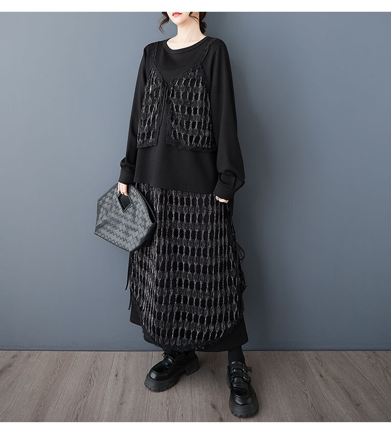 Mesh Panel Top & Midi A-Line Skirt Set