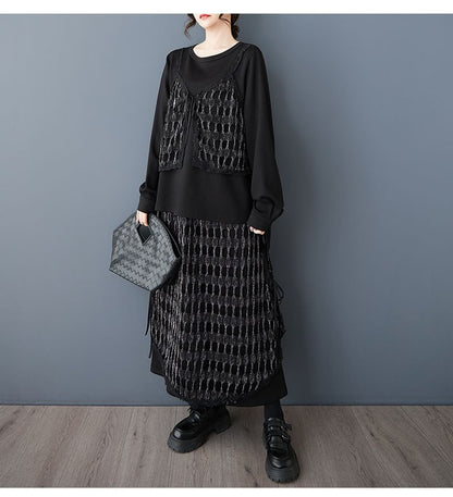 Mesh Panel Top & Midi A-Line Skirt Set