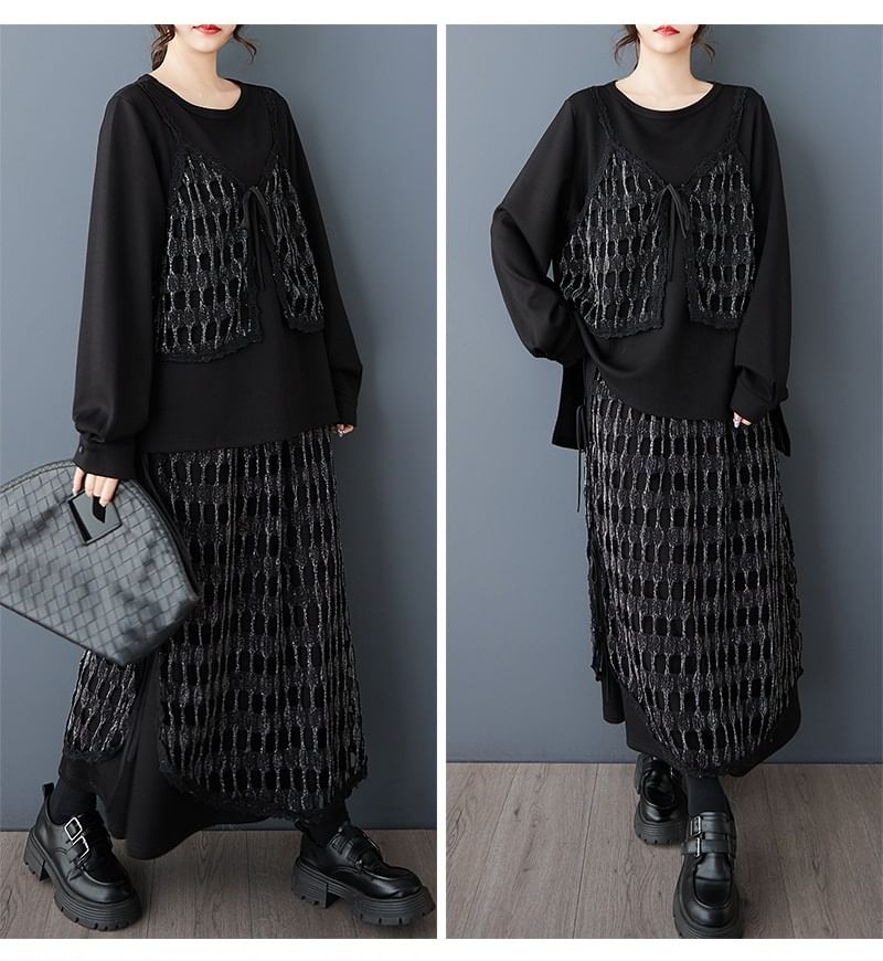 Mesh Panel Top & Midi A-Line Skirt Set