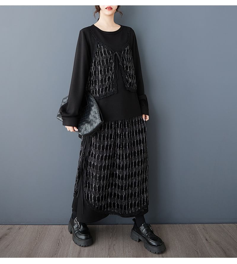 Mesh Panel Top & Midi A-Line Skirt Set