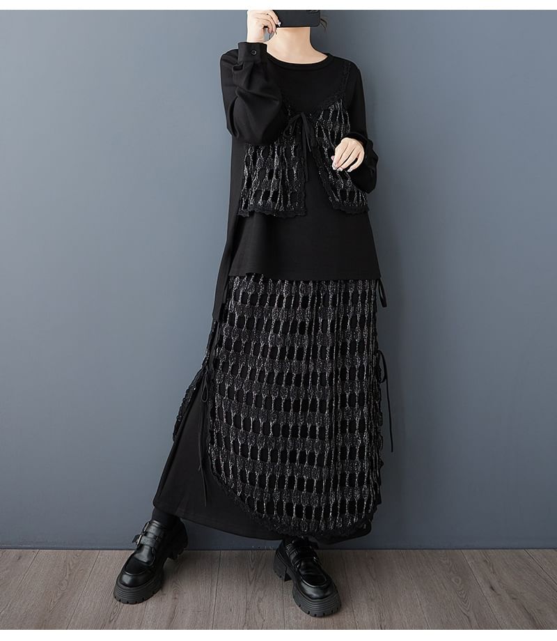 Mesh Panel Top & Midi A-Line Skirt Set