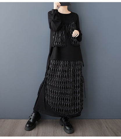 Mesh Panel Top & Midi A-Line Skirt Set