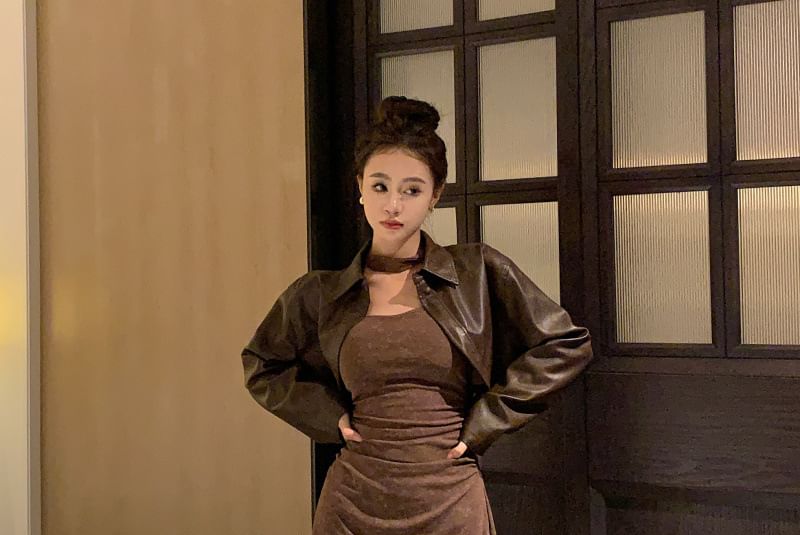 Faux Leather Crop Jacket & Tie Dye Ruched Mini A-Line Dress