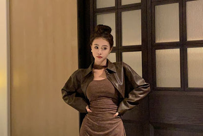 Faux Leather Crop Jacket & Tie Dye Ruched Mini A-Line Dress