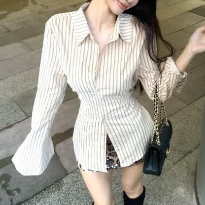 Striped Shirt & Leopard Pencil Skirt Two-Piece Set