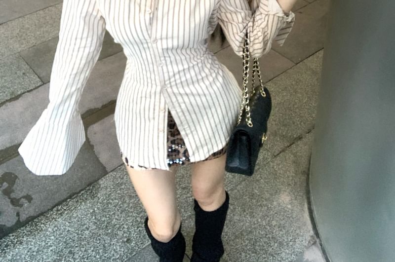Striped Shirt & Leopard Pencil Skirt Two-Piece Set