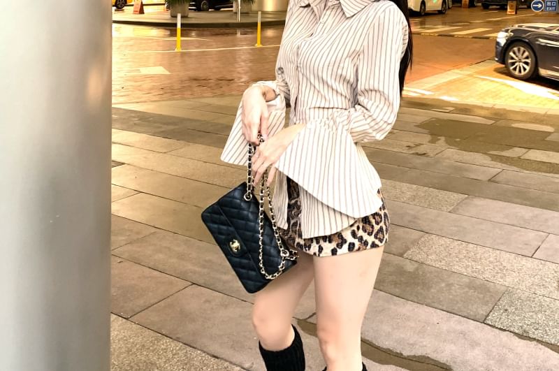 Striped Shirt & Leopard Pencil Skirt Two-Piece Set