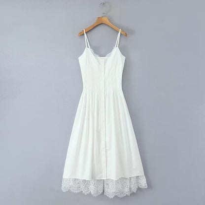 V-Neck Lace A-Line Midi Dress