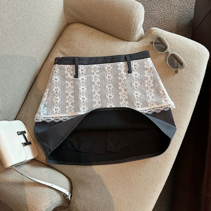 Lace Panel Mini Skirt with High-Rise Mock Two-Piece Design
