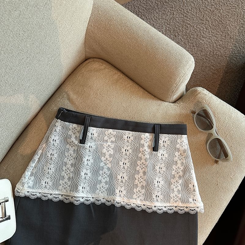 Lace Panel Mini Skirt with High-Rise Mock Two-Piece Design