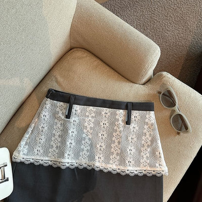 Lace Panel Mini Skirt with High-Rise Mock Two-Piece Design