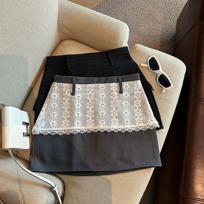 Lace Panel Mini Skirt with High-Rise Mock Two-Piece Design
