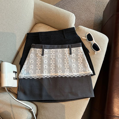 Lace Panel Mini Skirt with High-Rise Mock Two-Piece Design