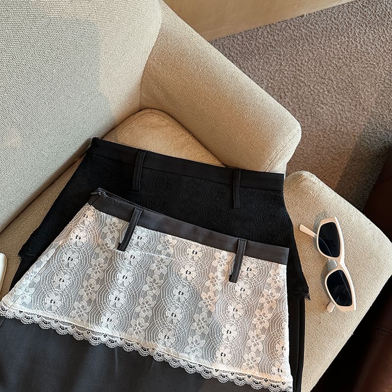 Lace Panel Mini Skirt with High-Rise Mock Two-Piece Design