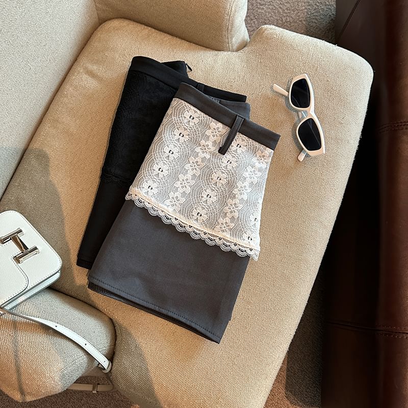 Lace Panel Mini Skirt with High-Rise Mock Two-Piece Design