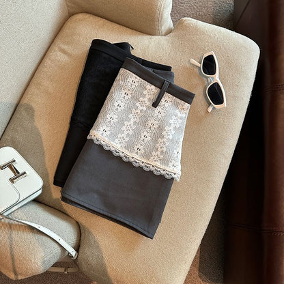 Lace Panel Mini Skirt with High-Rise Mock Two-Piece Design